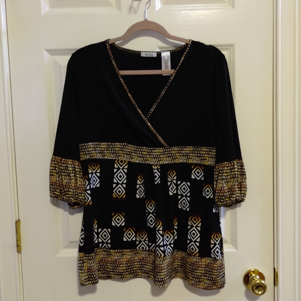 Ladies,  Black Geometric Print, by Liz & Co. Size XL